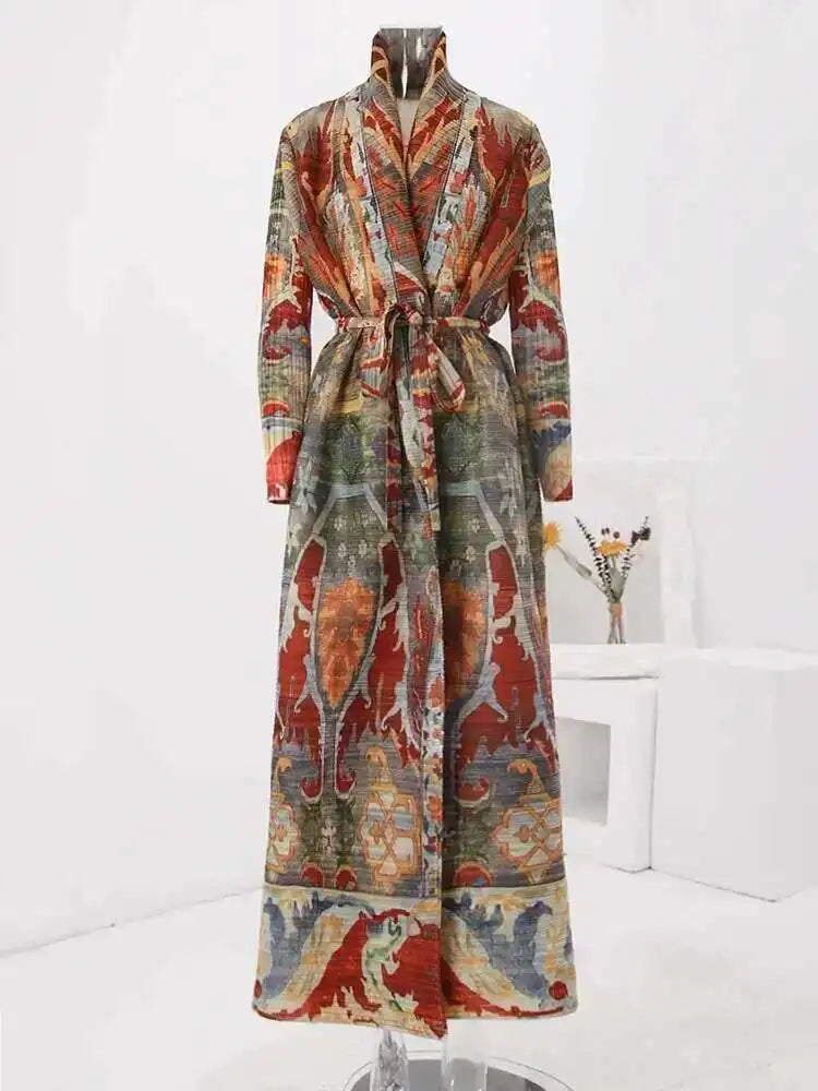 LANMREM Fashion Designer Print Pleated Windbreaker Women Scraf Collar Belt Gathered Waist Contrast Color 2024 New Coat 32C1261 - trendingshoping.com