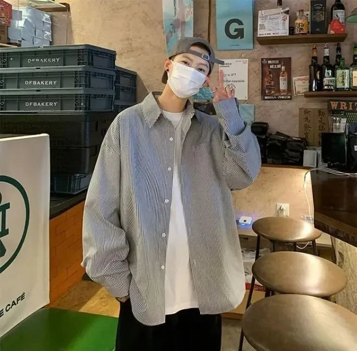 Men's Long Sleeve Oxford Cloth Shirt - Casual Striped Workwear Jacket Style