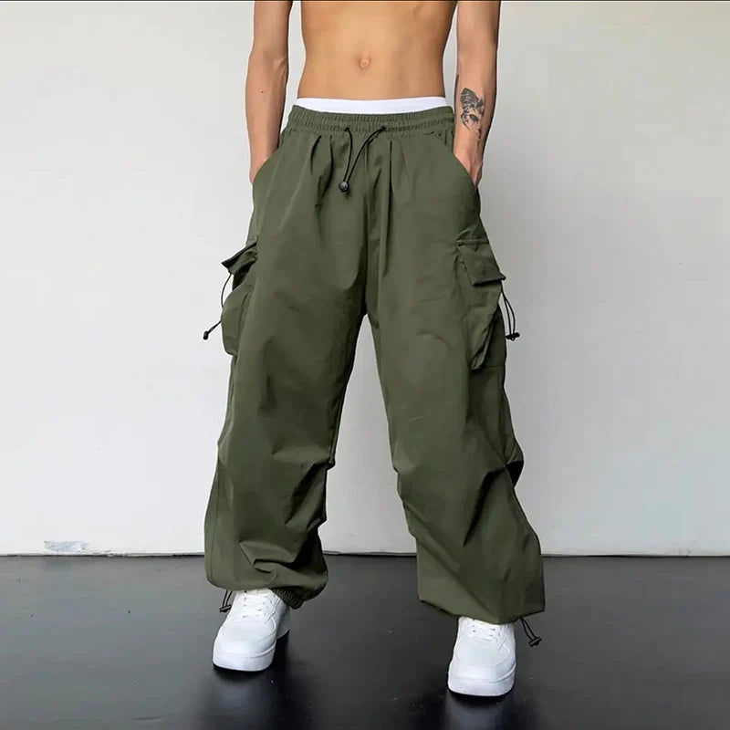 Men’s Streetwear Cargo Pants - Wide-Leg Loose Fit Trousers with Drawstring