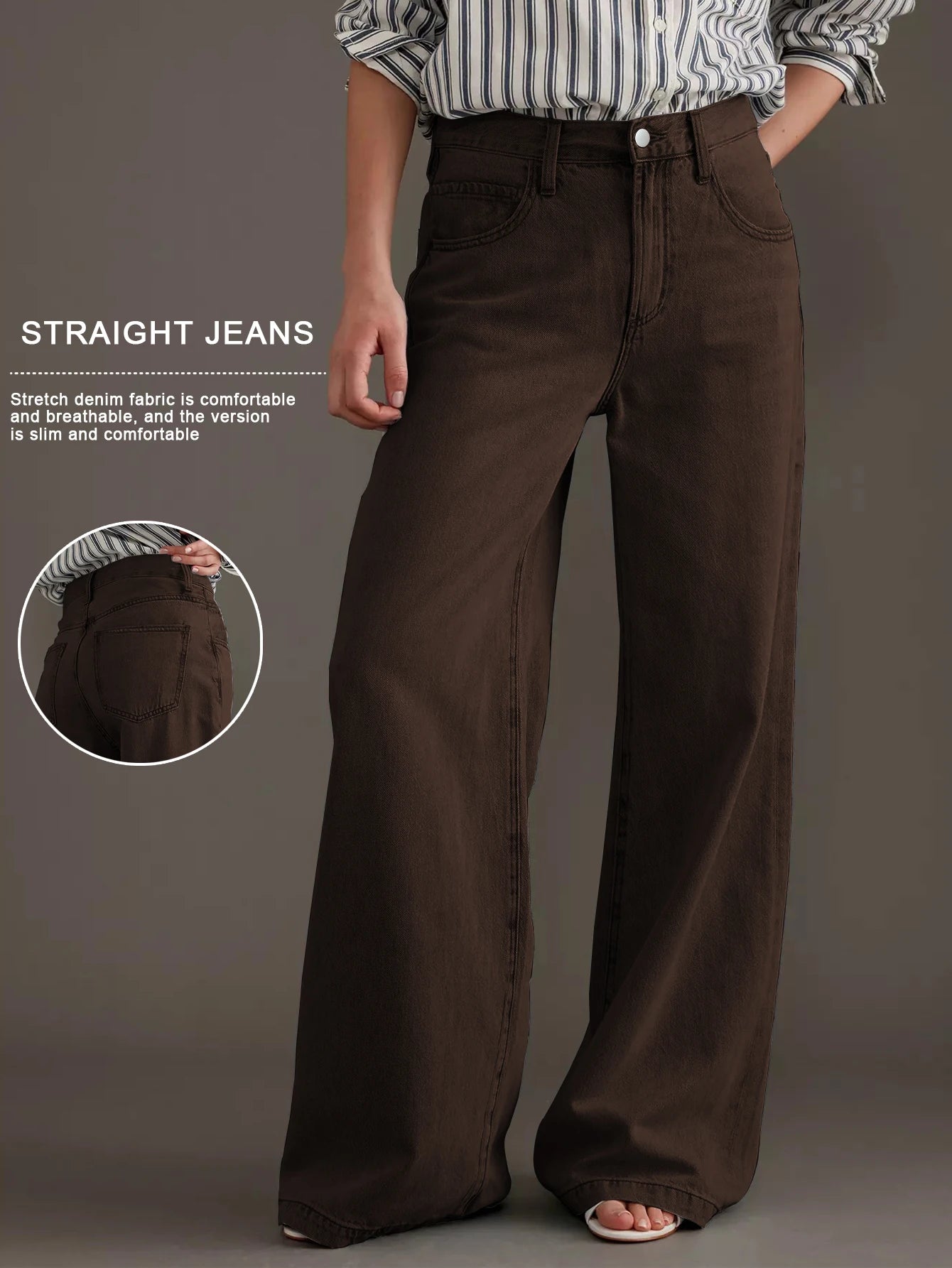 Womens High Waist Washed Vintage Brown Wide Leg Jeans