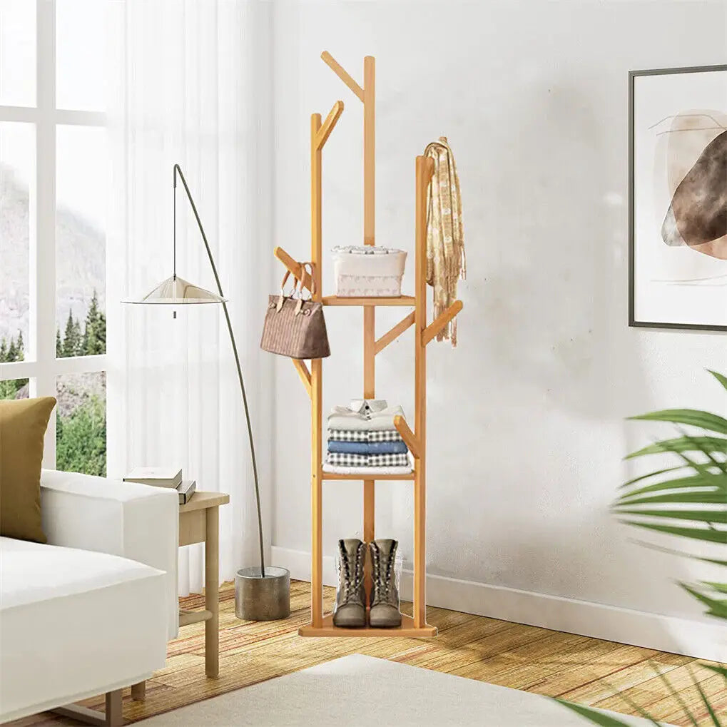 Bamboo Corner Tree Coat Rack Stand  Clothes Hanger with Hooks and Shelves - trendingshoping.com
