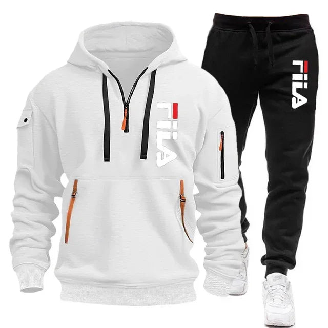 FILA 2026 Men's Autumn Winter Hoodie & Pants Set – Two-Piece Pullover Sportswear, Outdoor Multi-Pocket Sweatshirt