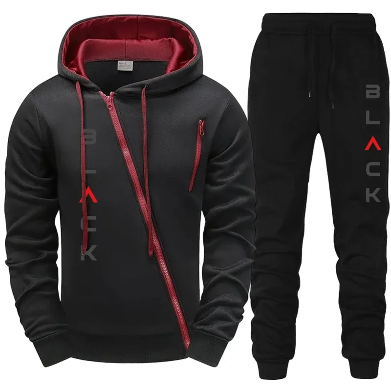Men’s Tracksuit Set 2025 Black – Zipper Hoodie Jacket, Letter Print Jogger Sweatpants, Autumn Winter Casual Wear