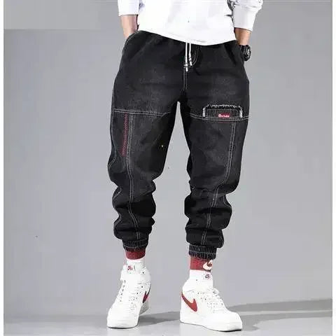 Mens Black Elastic Waist Baggy Harem Jogger Jeans Ankle Band Cargo Pants