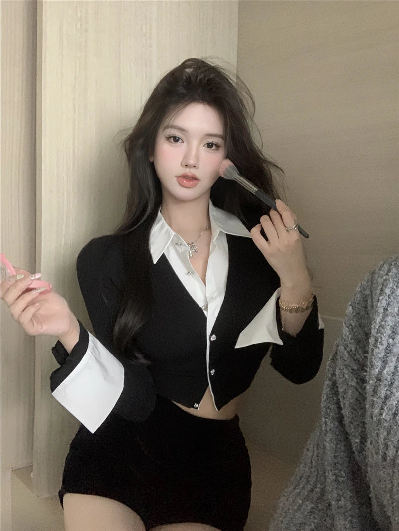 T-shirts Women Minimalist Sexy Aesthetic Delicate Panelled Patchwork All-match Female Clothing Fake Two Pieces Knitted Advanced