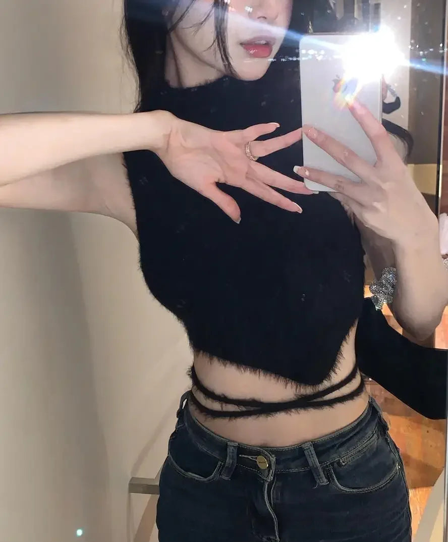 Women Knit Halter Crop Top Furry Lace Up Sleeveless