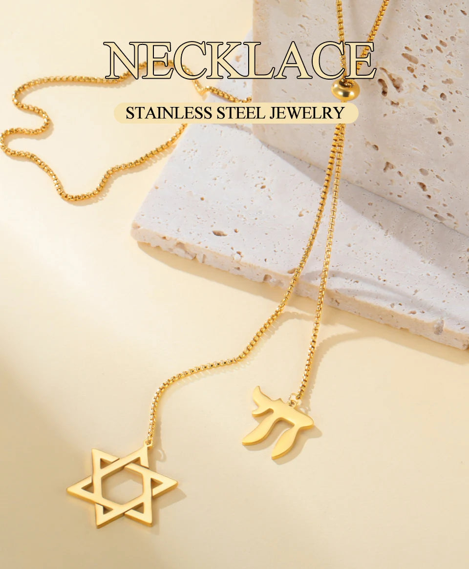 Dawapara Star of David and Jewish Hebrew Chai Pendant Long Necklace Sweater Chain Hexagram Judaism Stainless Steel Jewelry
