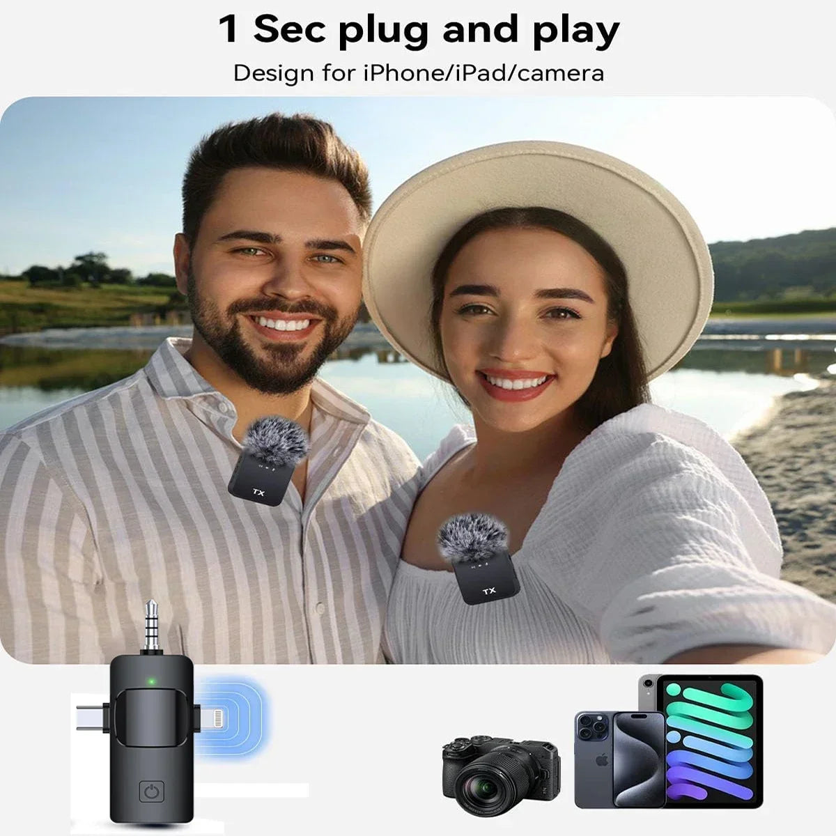 Wireless lavalier microphone for iPhone, camera, Android, reverb video recording, podcast noise reduction clip on microphone