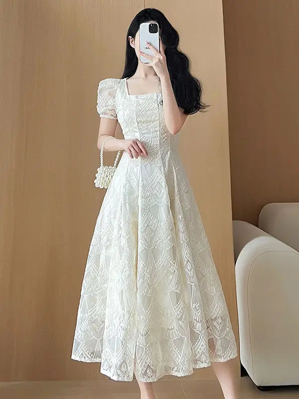 Women's Plus Size A-Line Summer Dress - Lace Hollow Out, Square Neck, Waist Cinched