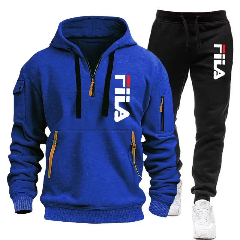 FILA 2026 Men's Autumn Winter Hoodie & Pants Set – Two-Piece Pullover Sportswear, Outdoor Multi-Pocket Sweatshirt