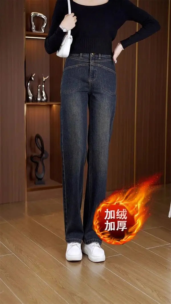 Women's Narrow Straight Leg Jeans  Fall Winter New Plush Lined Thick Korean Retro Relaxed Casual Trousers High Waist Flattering