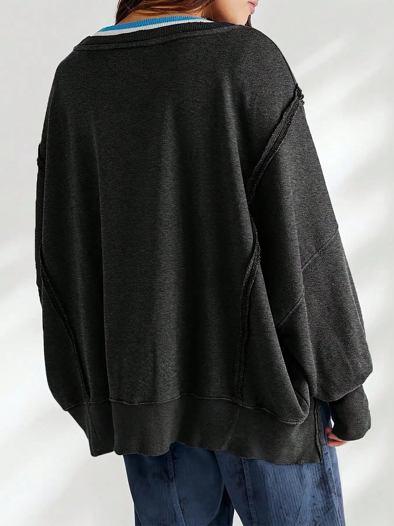 Women Spring Autumn Long Sleeve Loose Tops Crew Neck Striped Side Slits Shirt Casual Pullover Sweatshirt Tops