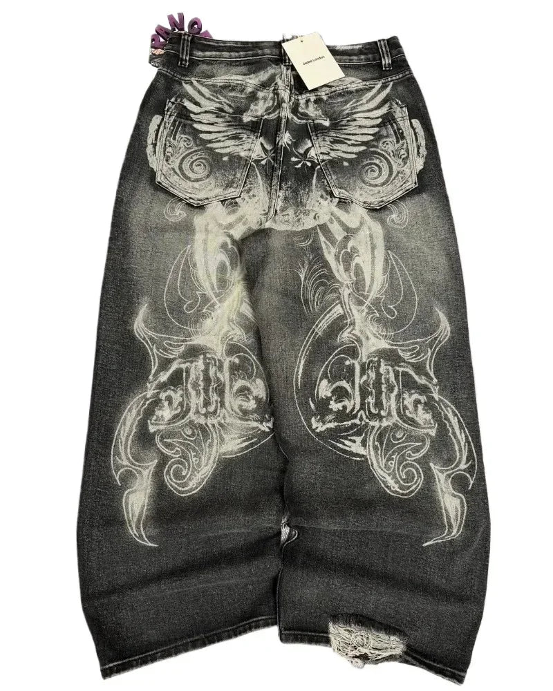Britain Harajuku Fashion Print Men Jeans Vintage Trend Loose Oversized Hip Hop Wide Pants