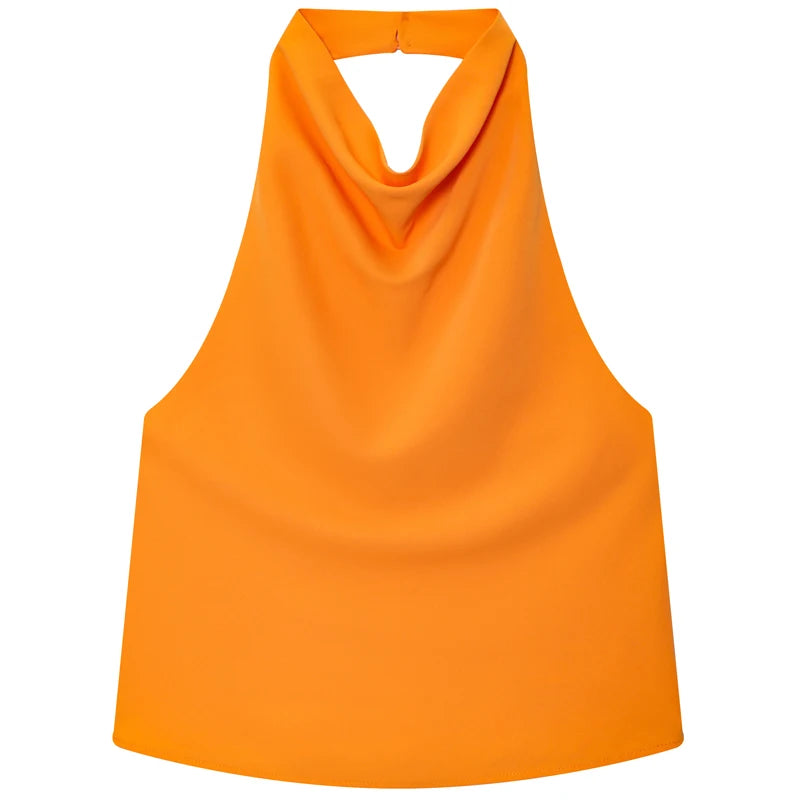 HXAO 2025 Women Satin Halter Top Summer Black Yellow Tanks & Camis Off Shoulder Crop Tank Top Fashion Sleeveless Backless Vests