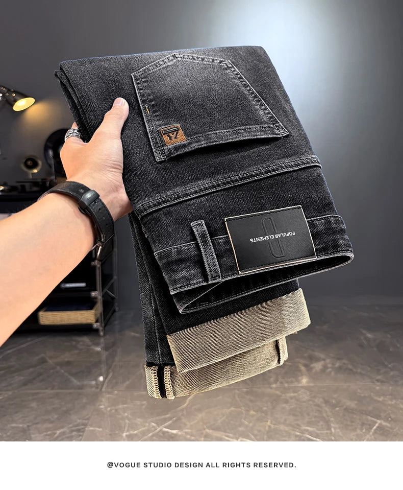 Men's Classic Straight Leg Stretch Jeans - Casual Autumn Winter Denim Trousers