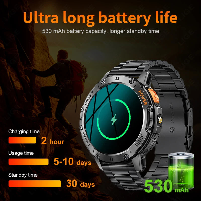 AMOLED Smart Watch for Men – Waterproof Sports Fitness Tracker with Flashlight & Bluetooth Call + Box
