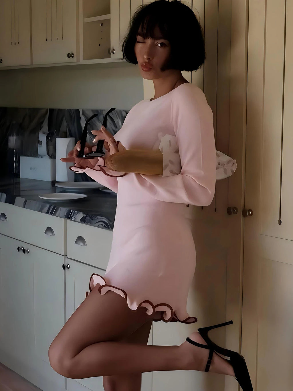 Dulzura Women's Ruffle Patchwork Bodycon Mini Dress - Long Sleeve O-Neck Sexy Party Outfit