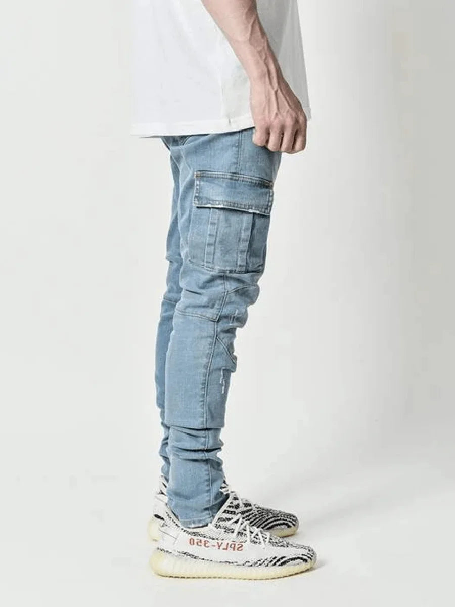 Jeans Men Black Cargo Multi Pocket Denim Pants Blue Slim Fit Overol Hombre Fashion Casual Streetwear Trousers