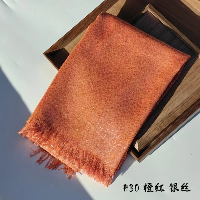 Lastest Brand Design Scarf Shiny Solid Color Shawls Rayon Fabric Gold Silk Silver Wire Head Shawl Fringe Hijab For Women