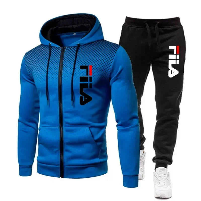 FILA Men's Autumn Winter Sports Hoodie & Jogging Pants Set – Casual Fitness Sweatshirt, Zipper Hoodie + 2 Stretch Pants