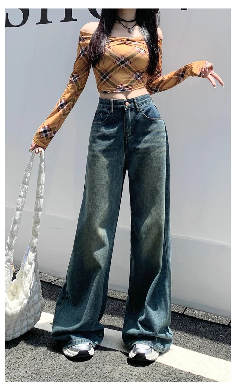 Womens Jeans Denim Pants 2025 Euramerican High Waist Girl Style Colorful Straight Leg Wide Leg Trousers