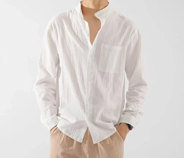 Men's White Linen Shirt with Pocket – Elegant Casual Fashion Shirt, 2025 New Arrival Social Tops