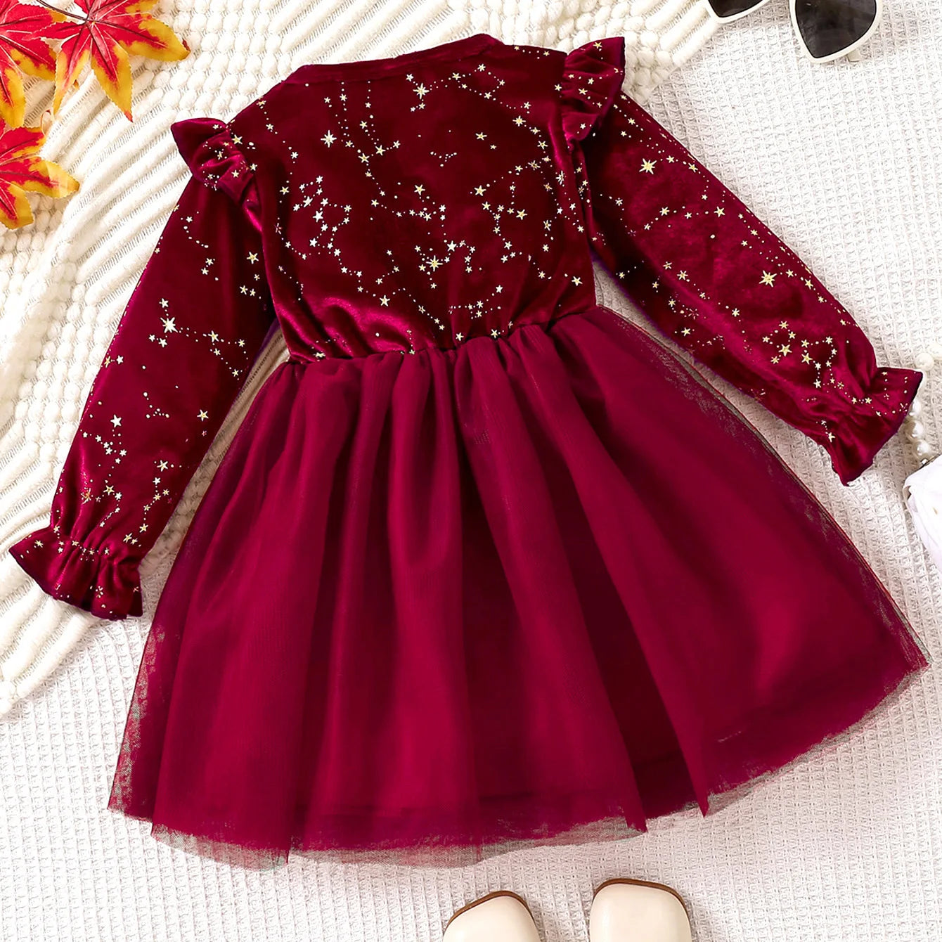 Girls Autumn Winter Velvet Long Sleeve Princess Dress With Mesh Bow Party Festive Wear