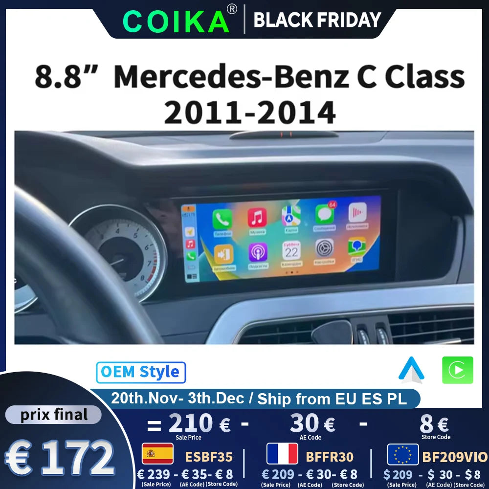 8.8" Display Touch Screen Android Radio Car Head Unit For Mercedes C Class W204 2011-2014 BT WIFI GPS Navi Wireless Carplay Auto - trendingshoping.com