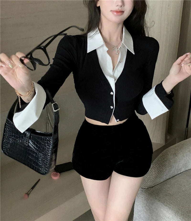 T-shirts Women Minimalist Sexy Aesthetic Delicate Panelled Patchwork All-match Female Clothing Fake Two Pieces Knitted Advanced