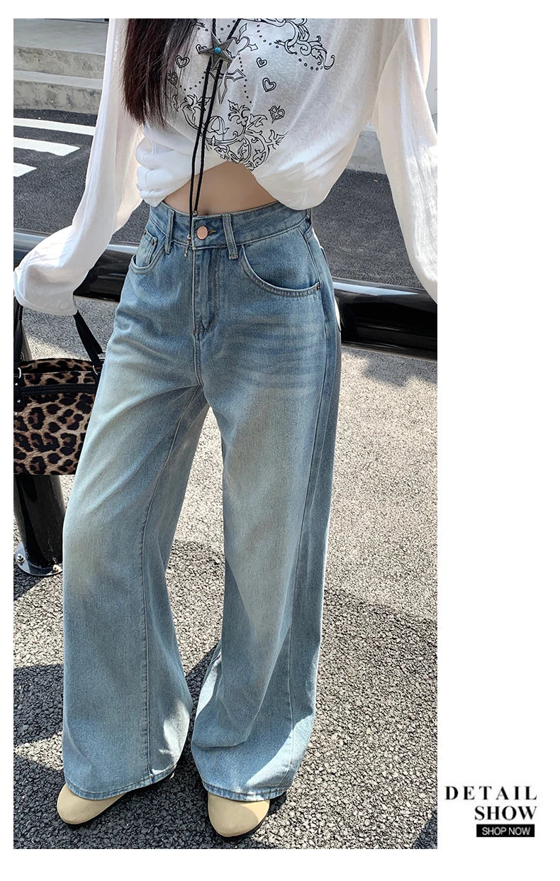 Womens Jeans Denim Pants 2025 Euramerican High Waist Girl Style Colorful Straight Leg Wide Leg Trousers