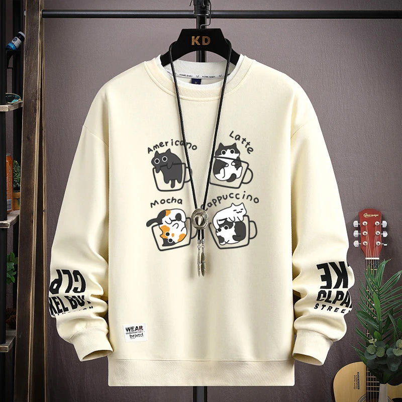 Men's Sweatshirt Streetwear Cat Coffee Printed Long Sleeve T-shirt Fashion Men's Clothing Casual Crew Neck Harajuku Top 2024 New