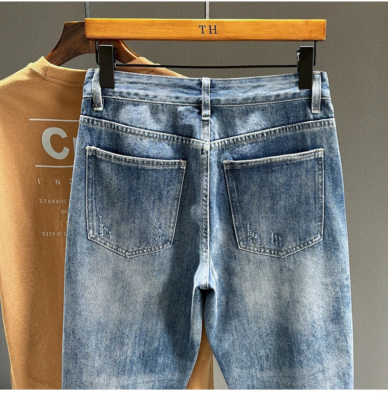 Ripped Jeans Men New Personality Fashion Vintage Blue Streetwear Baggy Denim Pants Casual Tapered Hole Frayed Trousers Male