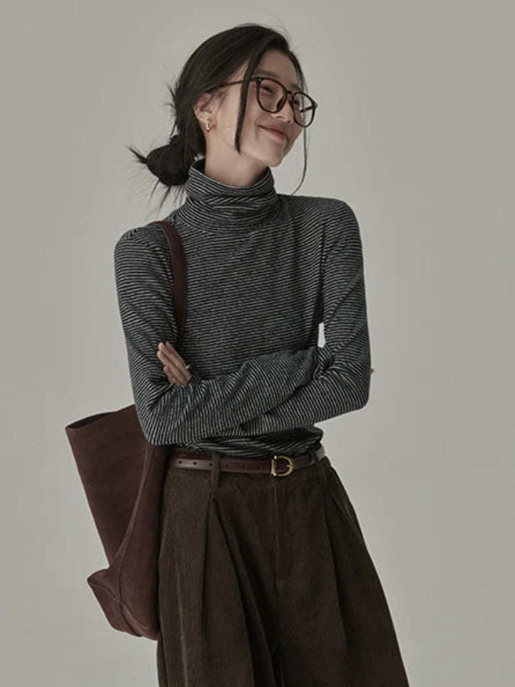 Striped T-shirts Women Spring Cozy Long Sleeved All-match Daily Elegant Classic Turtleneck Tops Hot Sales Korean Style Clothing