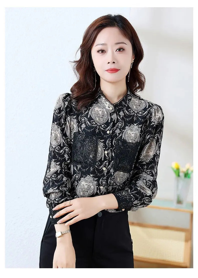 Women's Printed Satin Shirt - Slim Fit Long Sleeve Blouse for Spring & Autumn, Office Wear