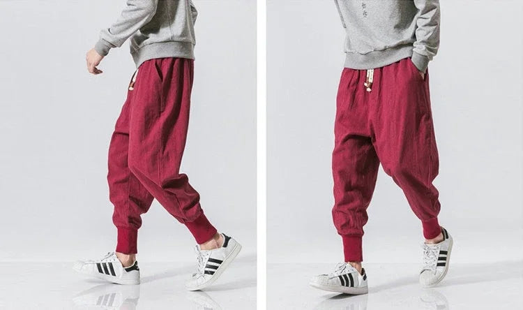 Men’s Cotton Linen Harem Pants - Baggy Drop-Crotch Streetwear Joggers