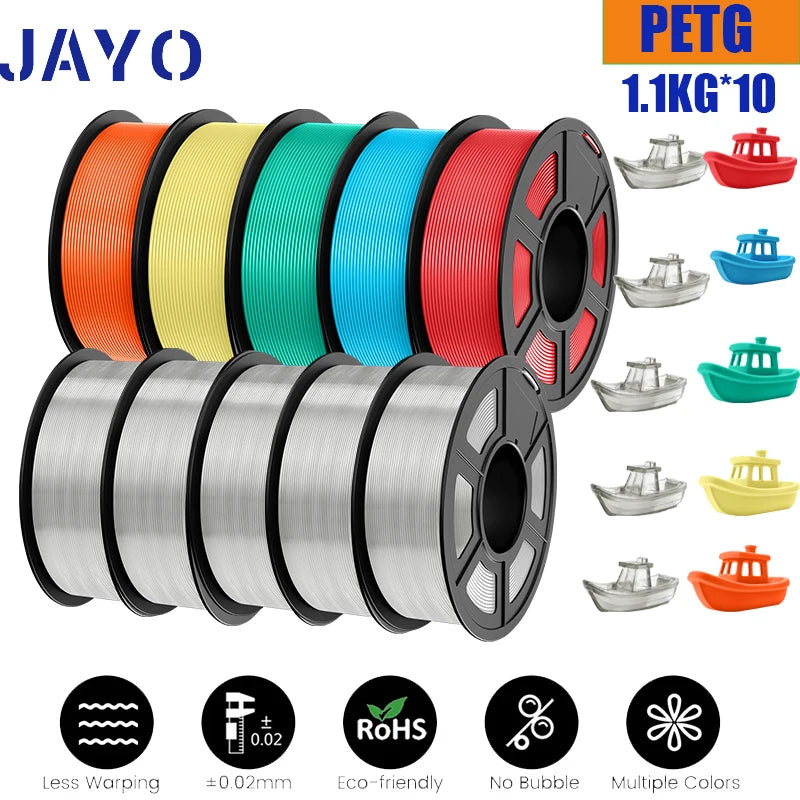 JAYO petg Filament 3d PETG 1.75mm 10Rolls Neatly Wound Toughness no bubbles 3D Printer Filament for FDM Muticolor 1.1KG /roll - trendingshoping.com