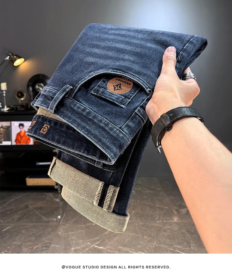 Men's Classic Straight Leg Stretch Jeans - Casual Autumn Winter Denim Trousers