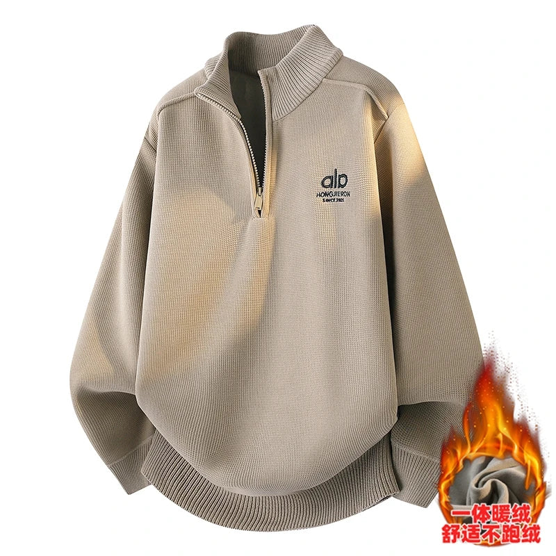 Half Zip Fleece Hoodie for Men – 2025 Winter Warm Embroidered Thick Sweater