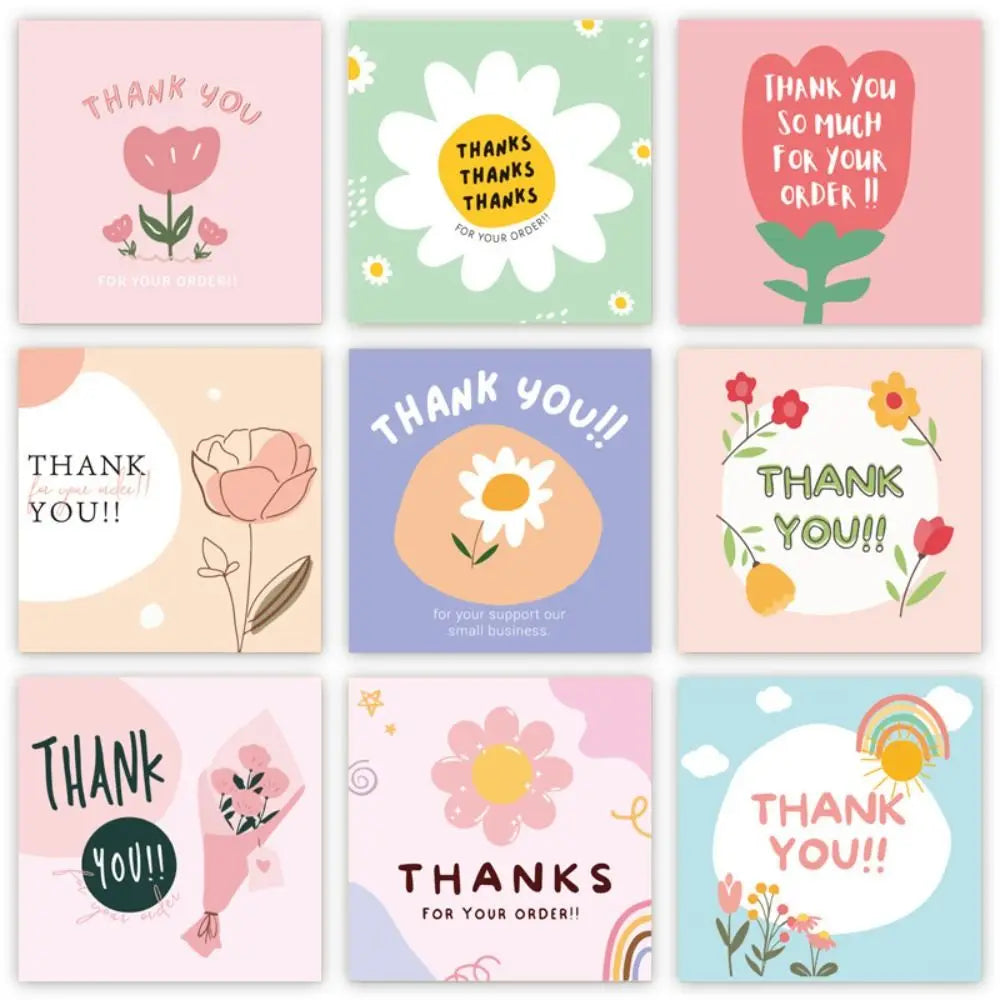 50Pcs 6cm*6cm Thank You Cards Cartoon Flower Greeting Postcards Multicolor Universal Gratitude Labels Event Ornament Home Decor