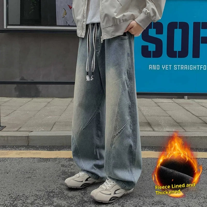 Men's Fleece-Lined Wide Leg Jeans - Loose Fit Winter Denim