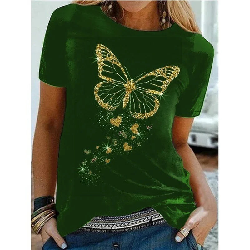 Golden Butterfly Print Women’s Casual T Shirt Short Sleeve O Neck Top