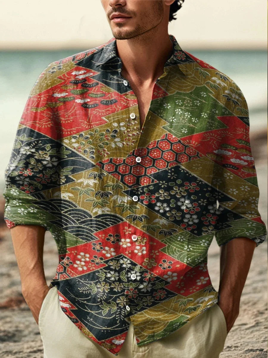 Men's Printed Linen Shirt – Fashionable Artistic Design, High-Quality & Comfortable Fabric Casual Shirt