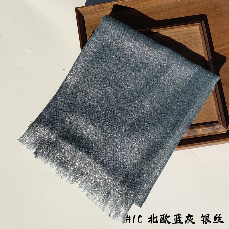Lastest Brand Design Scarf Shiny Solid Color Shawls Rayon Fabric Gold Silk Silver Wire Head Shawl Fringe Hijab For Women