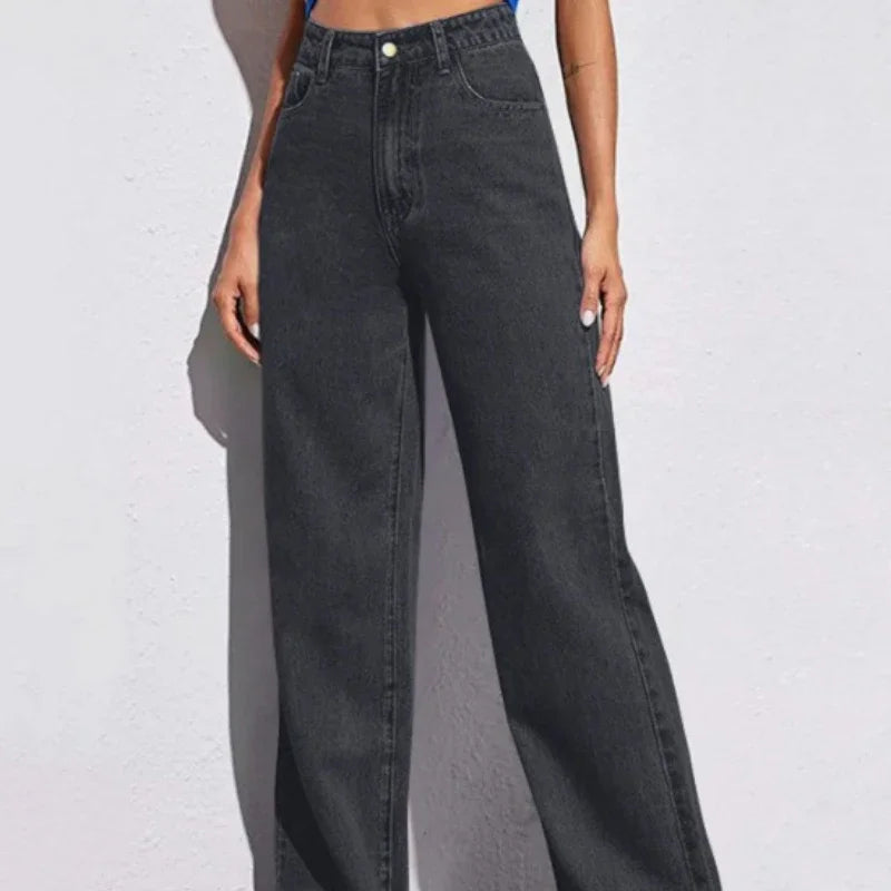 New ForeignWomen's High-Waisted Wide-Leg Jeans - Straight Loose Fit Denim with Elegant Drape Trade