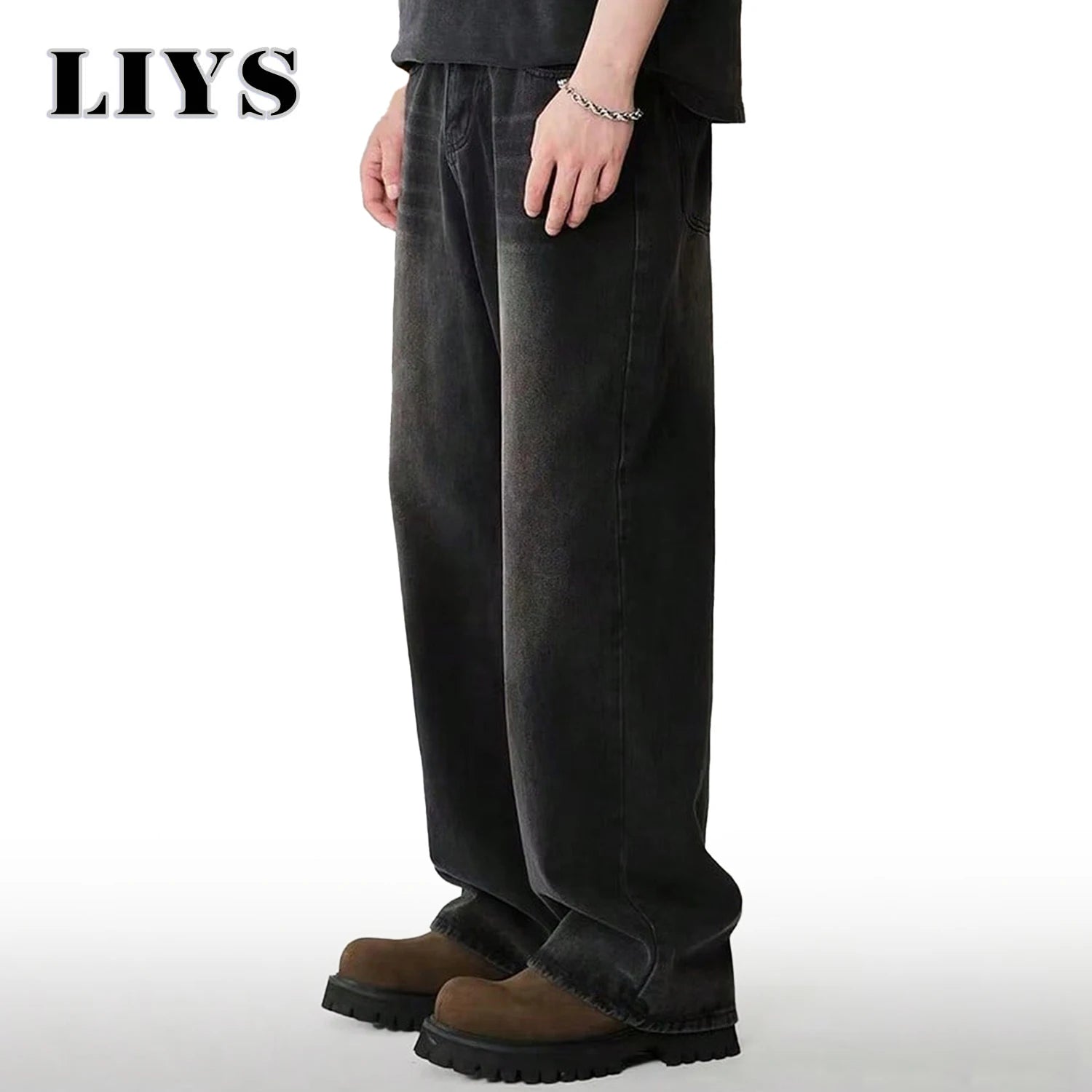 Mens Straight Loose Wide Leg Baggy Jeans Black Gray Blue Casual Pants