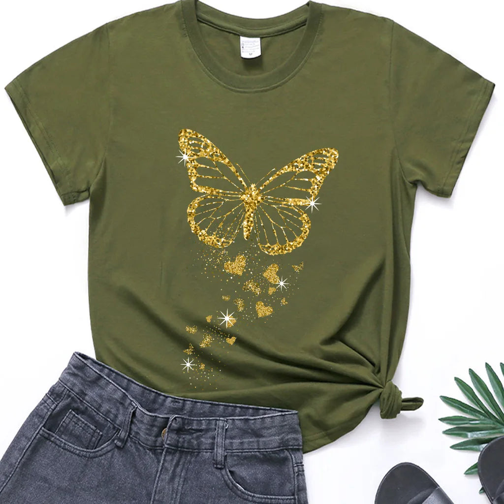 Golden Butterfly Print Women’s Casual T Shirt Short Sleeve O Neck Top