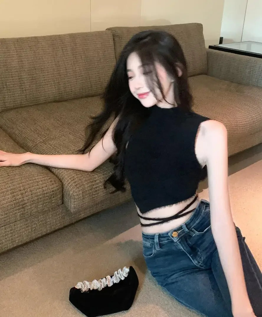 Women Knit Halter Crop Top Furry Lace Up Sleeveless