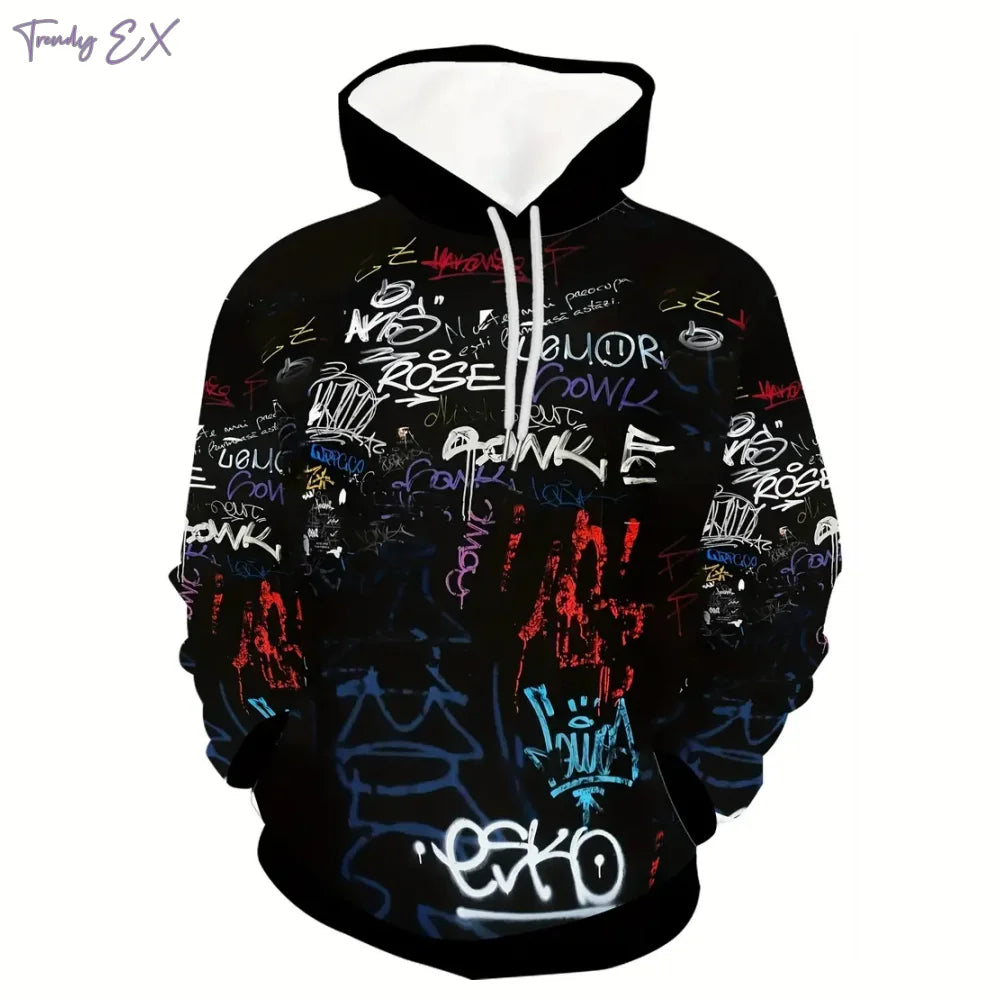 Men’s Oversized Hoodie Sweatshirt – Graffiti Print, Casual Long Sleeve with Kangaroo Pocket