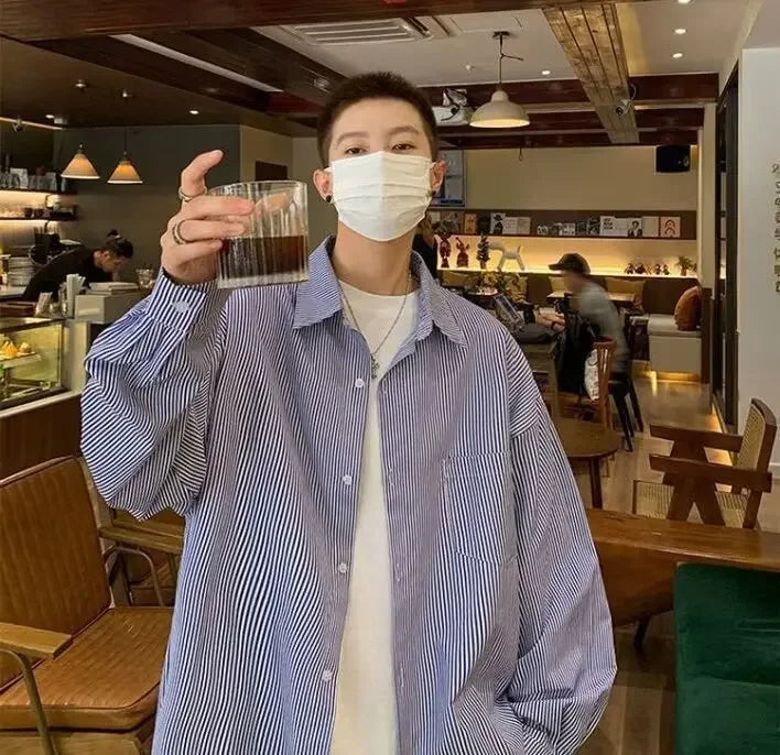 Men's Long Sleeve Oxford Cloth Shirt - Casual Striped Workwear Jacket Style