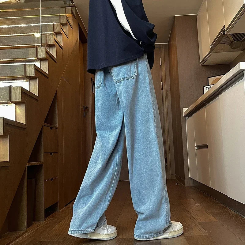 Mens Black Gray Loose Straight Wide Leg Jeans Casual Pantslue